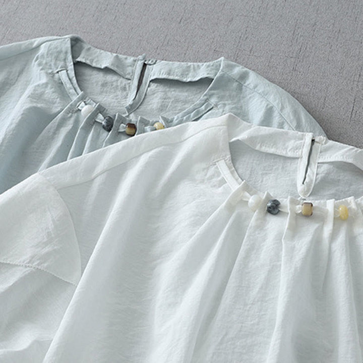 Buddha Stones Beads Rundhals-Design Baumwolle Kurzarm Damen Shirt - image 15