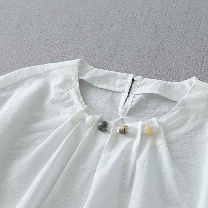 Buddha Stones Beads Rundhals-Design Baumwolle Kurzarm Damen Shirt - image 8