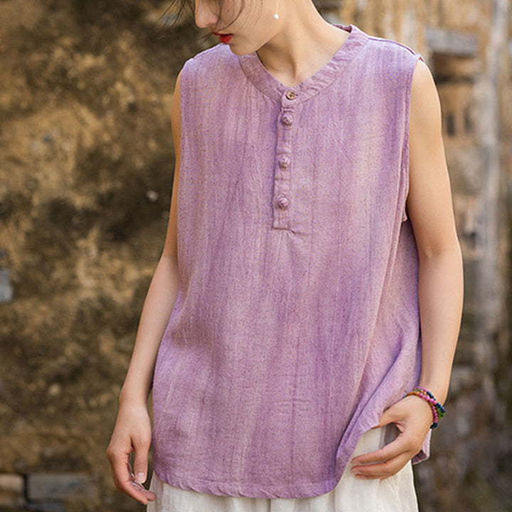Buddha Stones Sommer Tie-Dye Knöpfe Leinen Ärmellose Damen Weste - image 13