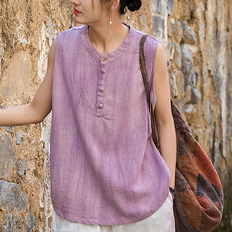 Buddha Stones Sommer Tie-Dye Knöpfe Leinen Ärmellose Damen Weste - image 16