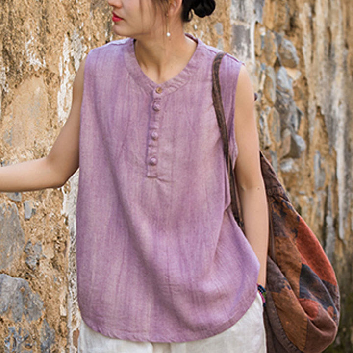 Buddha Stones Sommer Tie-Dye Knöpfe Leinen Ärmellose Damen Weste - image 16