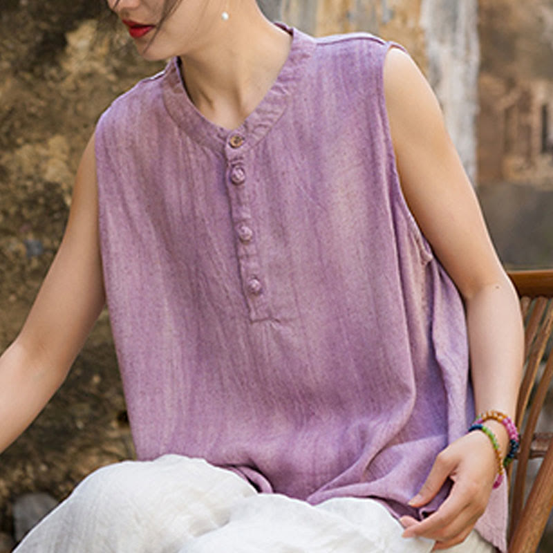 Buddha Stones Sommer Tie-Dye Knöpfe Leinen Ärmellose Damen Weste - image 17