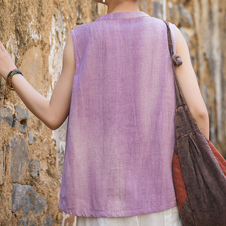 Buddha Stones Sommer Tie-Dye Knöpfe Leinen Ärmellose Damen Weste - image 12