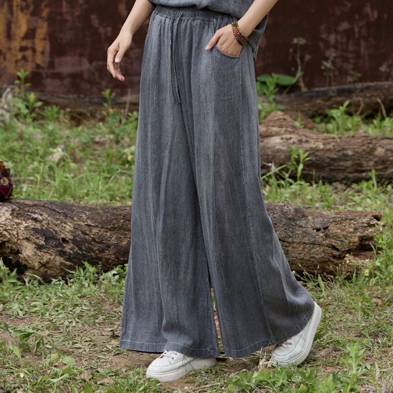 Buddha Stones Lässige Tie-Dye-Leinenhose mit weitem Bein und Taschen für Damen - Dunkelgrau - US4， UK/AU8，EU36 (F) - image 9