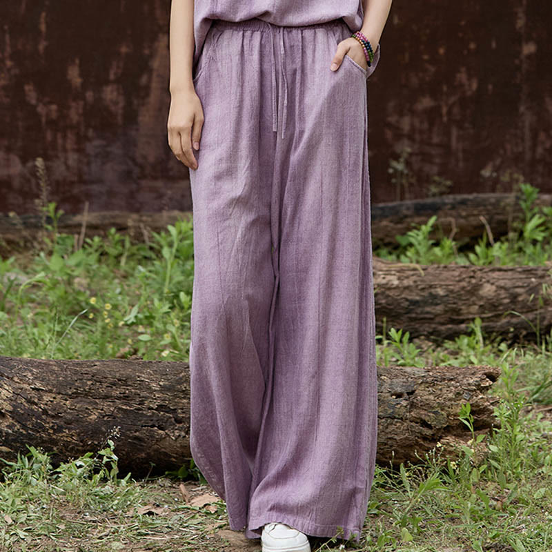 Buddha Stones Lässige Tie-Dye-Leinenhose mit weitem Bein und Taschen für Damen - Pflaume - US4， UK/AU8，EU36 (F) - image 1