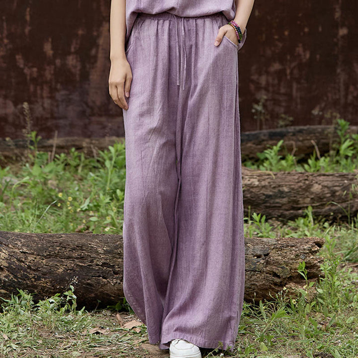 Buddha Stones Lässige Tie-Dye-Leinenhose mit weitem Bein und Taschen für Damen - Pflaume - US4， UK/AU8，EU36 (F) - image 1
