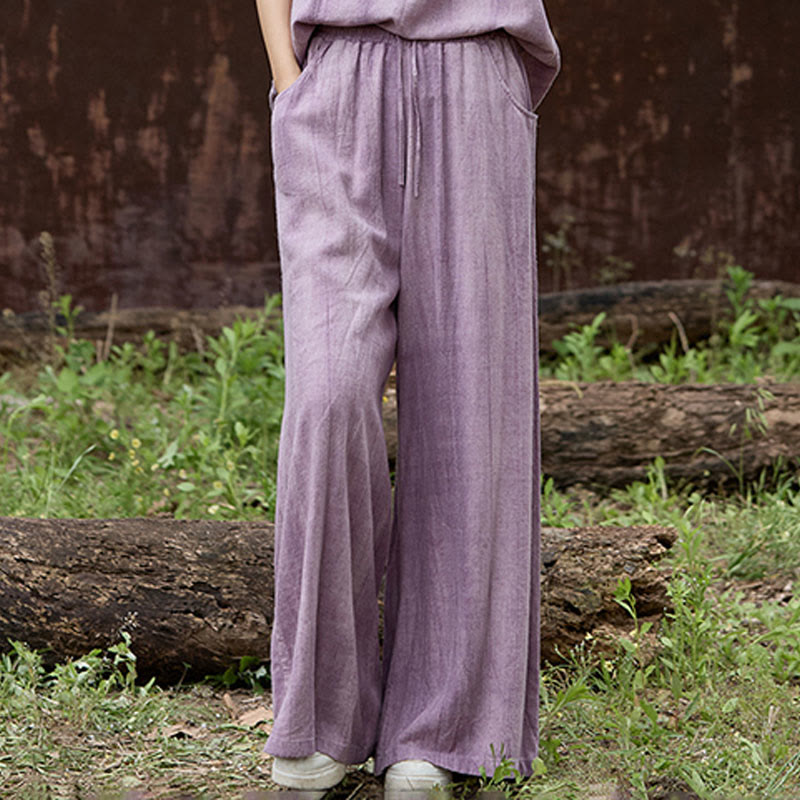 Buddha Stones Lässige Tie-Dye-Leinenhose mit weitem Bein und Taschen für Damen - image 2