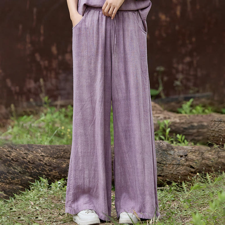 Buddha Stones Lässige Tie-Dye-Leinenhose mit weitem Bein und Taschen für Damen - image 5