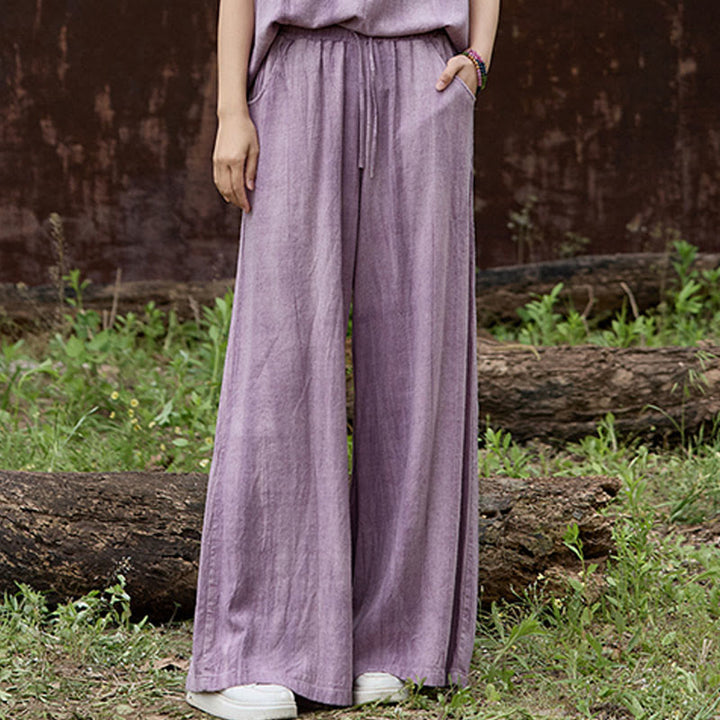 Buddha Stones Lässige Tie-Dye-Leinenhose mit weitem Bein und Taschen für Damen - image 3