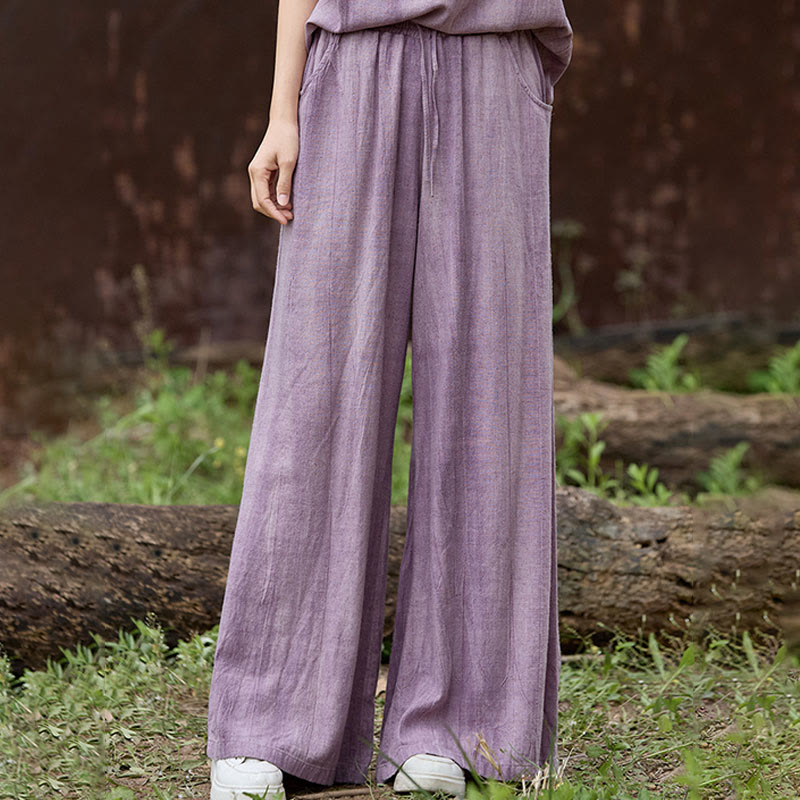 Buddha Stones Lässige Tie-Dye-Leinenhose mit weitem Bein und Taschen für Damen - image 6