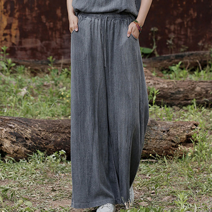Buddha Stones Lässige Tie-Dye-Leinenhose mit weitem Bein und Taschen für Damen - image 11