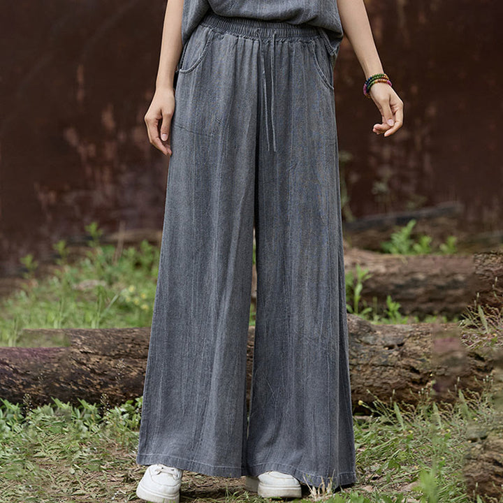 Buddha Stones Lässige Tie-Dye-Leinenhose mit weitem Bein und Taschen für Damen - image 12