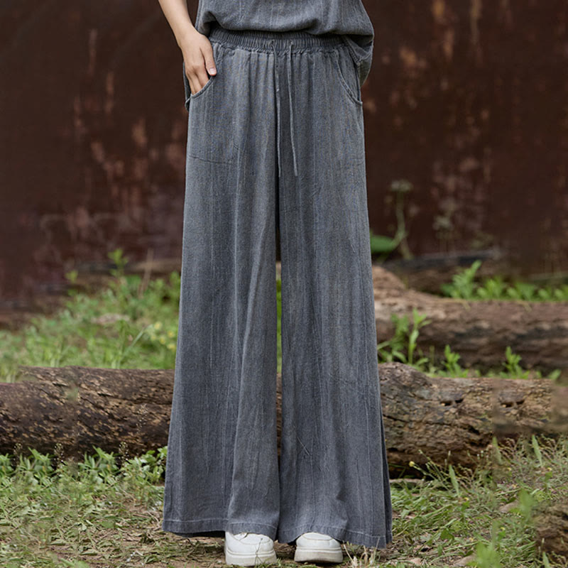 Buddha Stones Lässige Tie-Dye-Leinenhose mit weitem Bein und Taschen für Damen - image 10