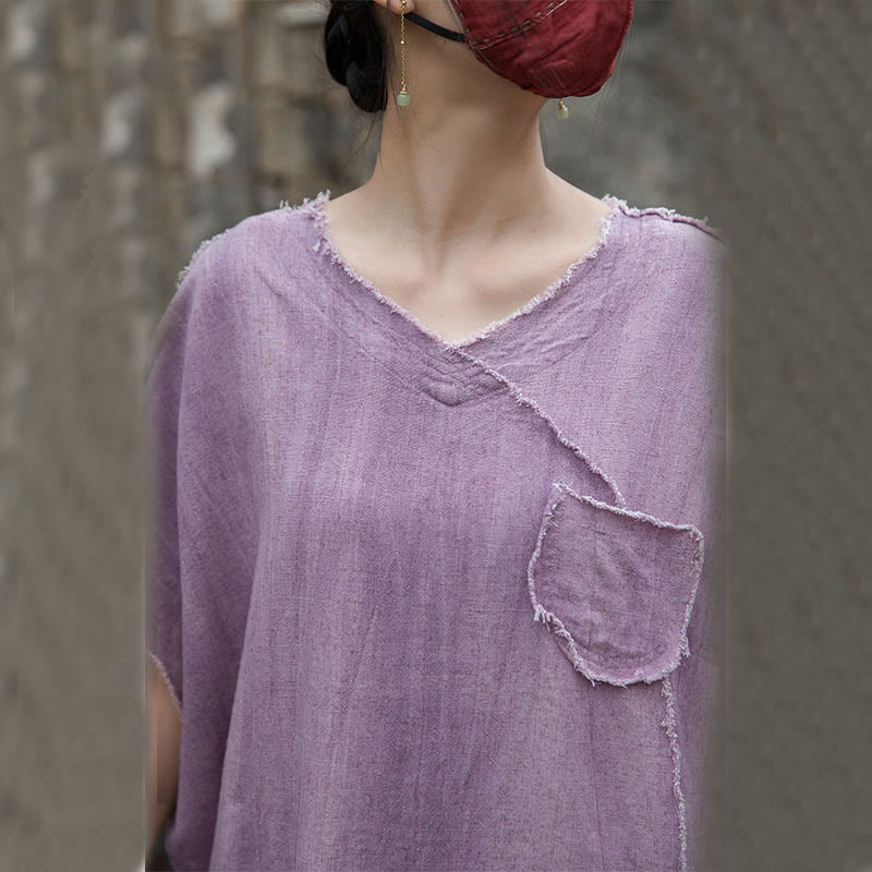 Buddha Stones Sommer Tie-Dye Leinen V-Ausschnitt Kurzarm Damen T-Shirts - image 9