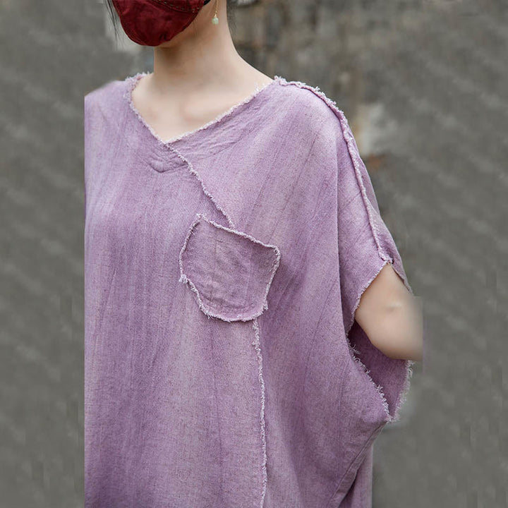 Buddha Stones Sommer Tie-Dye Leinen V-Ausschnitt Kurzarm Damen T-Shirts - image 10