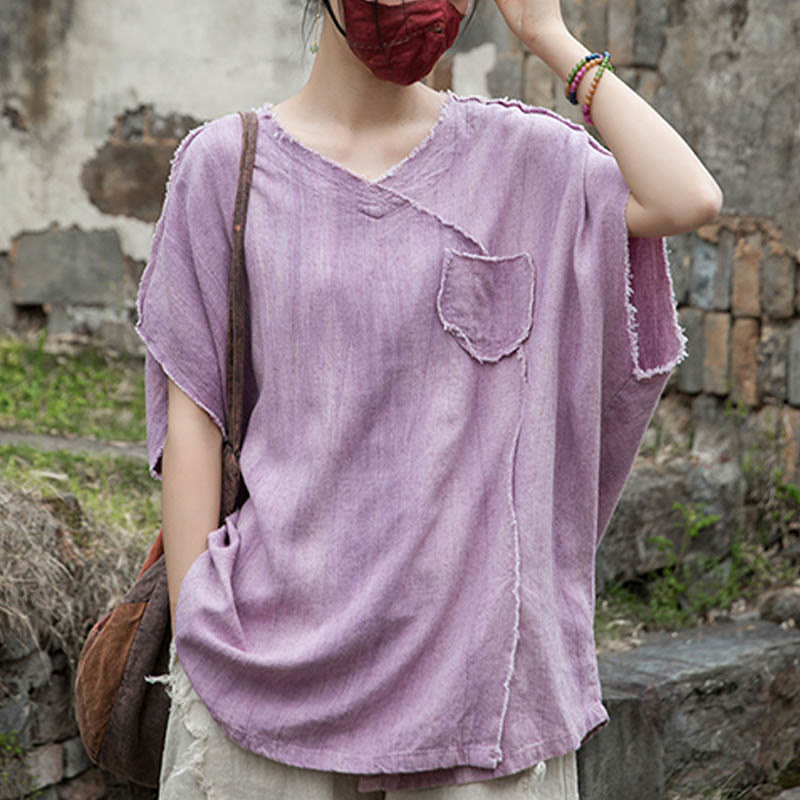 Buddha Stones Sommer Tie-Dye Leinen V-Ausschnitt Kurzarm Damen T-Shirts - image 2
