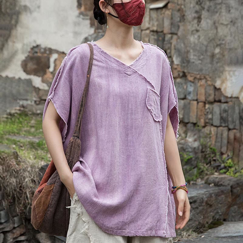 Buddha Stones Sommer Tie-Dye Leinen V-Ausschnitt Kurzarm Damen T-Shirts - image 7