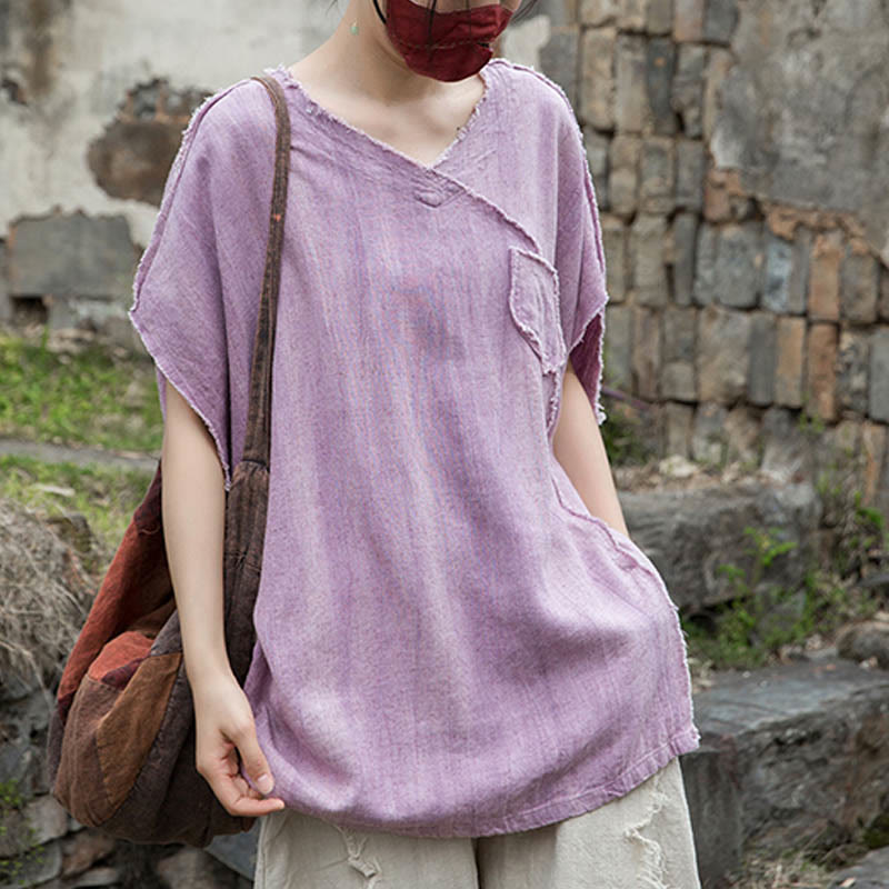 Buddha Stones Sommer Tie-Dye Leinen V-Ausschnitt Kurzarm Damen T-Shirts - image 4