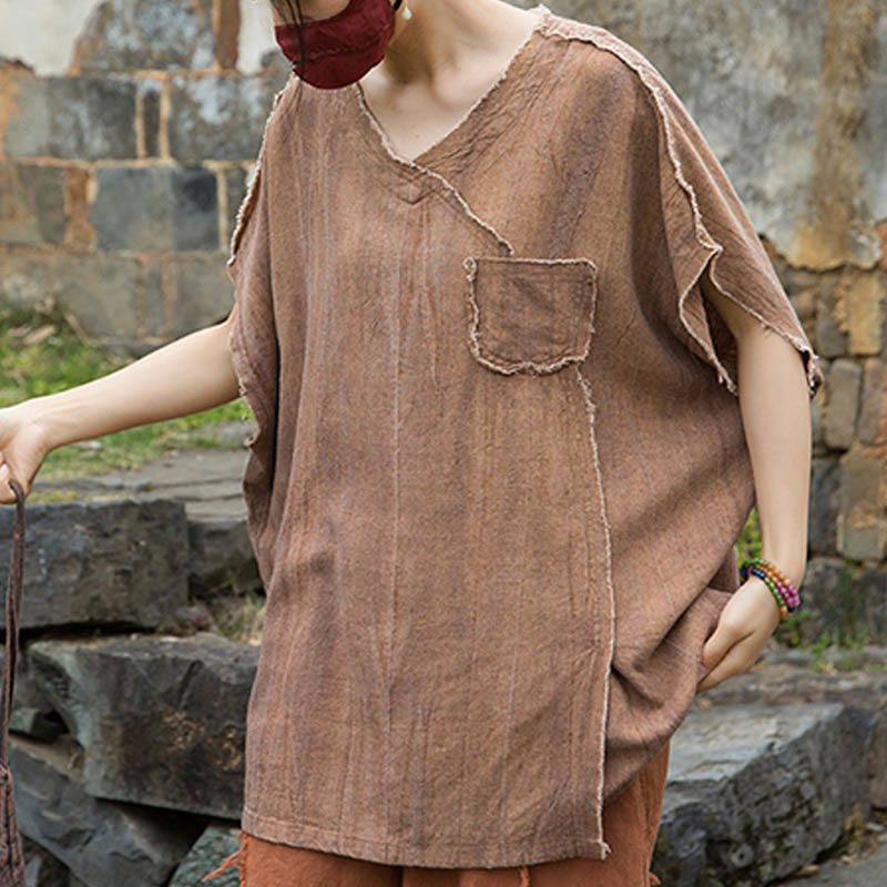 Buddha Stones Sommer Tie-Dye Leinen V-Ausschnitt Kurzarm Damen T-Shirts - image 14