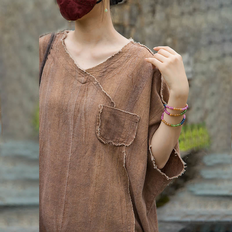 Buddha Stones Sommer Tie-Dye Leinen V-Ausschnitt Kurzarm Damen T-Shirts - image 22