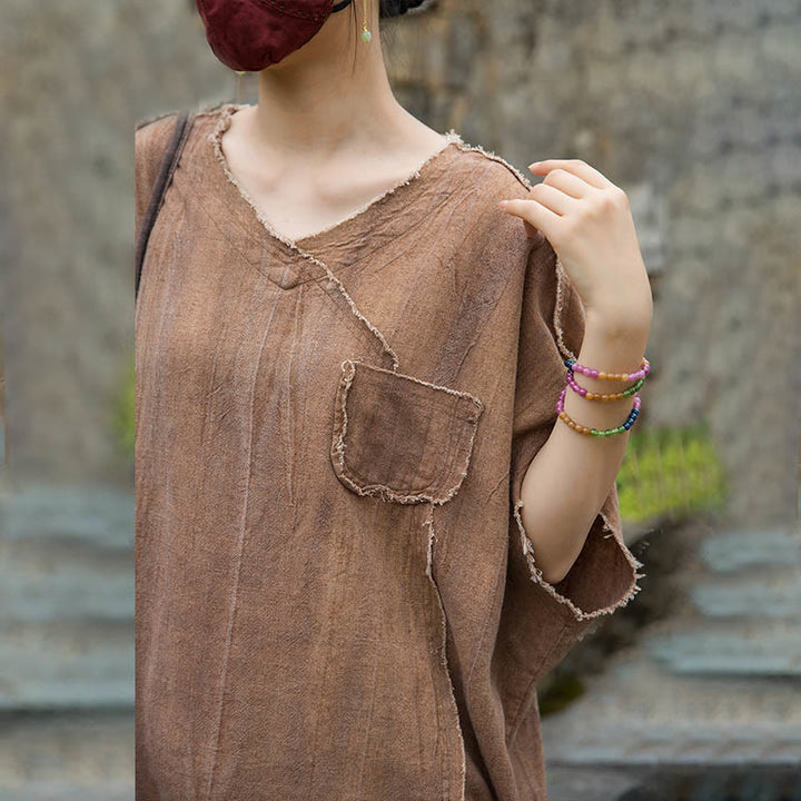 Buddha Stones Sommer Tie-Dye Leinen V-Ausschnitt Kurzarm Damen T-Shirts - image 22