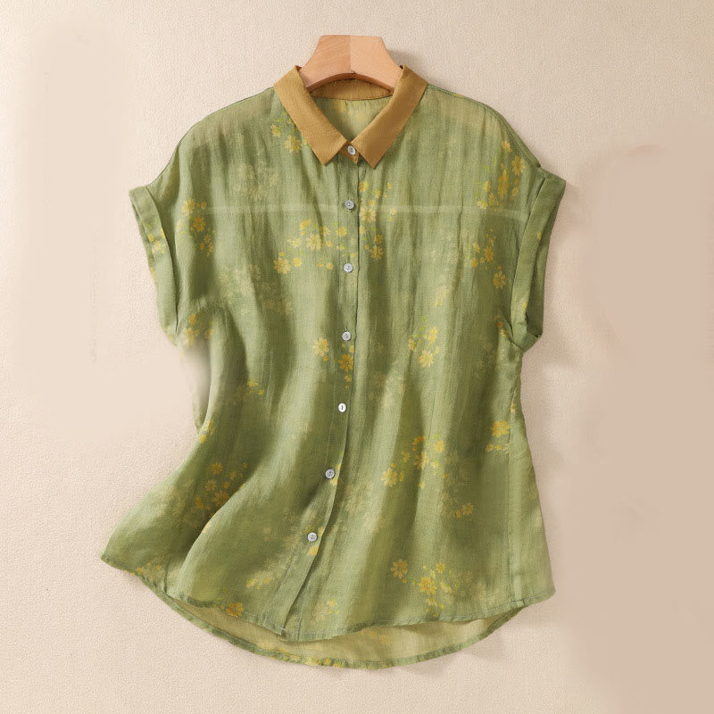 Buddha Stones Kleine Gelbe Blume Blätter Knöpfe Kurzarm Damen Shirt - GelbGrün - US8-10， UK/AU12-14，EU40-42 (2XL) - image 1
