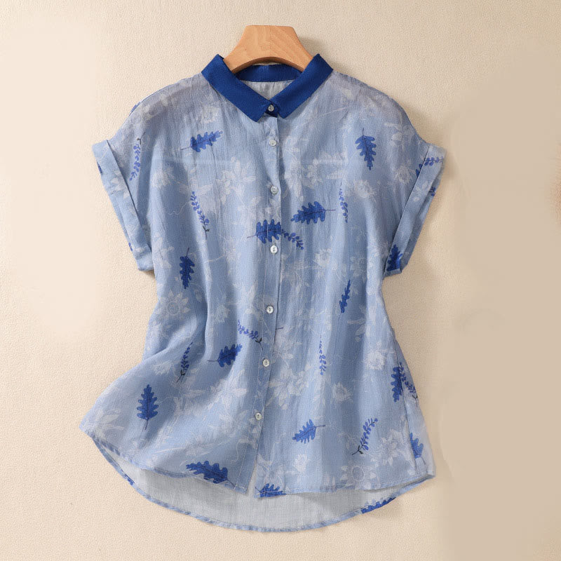 Buddha Stones Kleine Gelbe Blume Blätter Knöpfe Kurzarm Damen Shirt - Himmelblau - US8-10， UK/AU12-14，EU40-42 (2XL) - image 10
