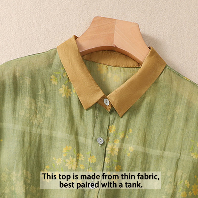 Buddha Stones Kleine Gelbe Blume Blätter Knöpfe Kurzarm Damen Shirt - image 3