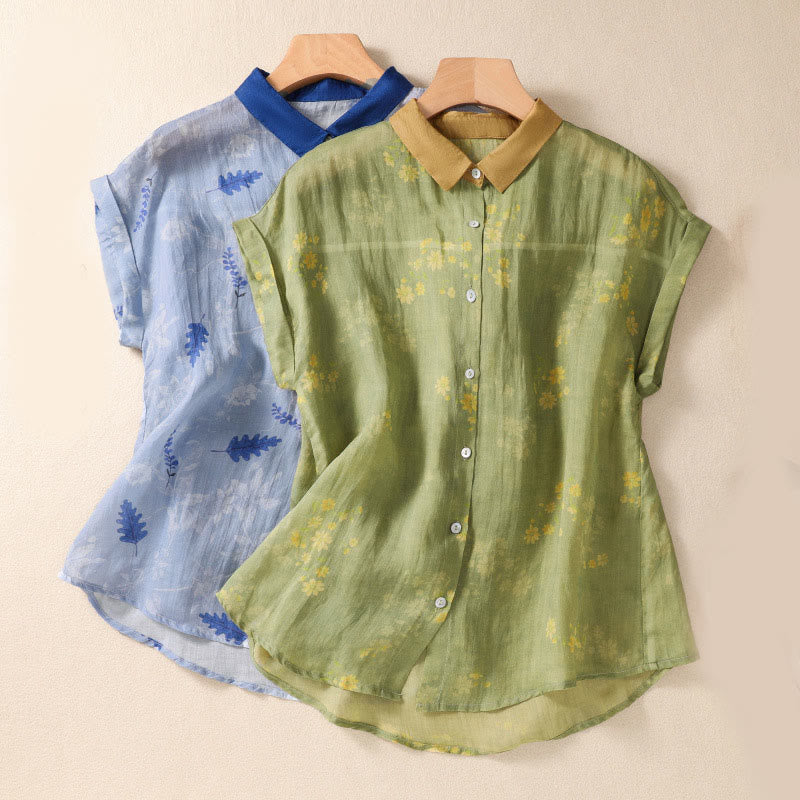 Buddha Stones Kleine Gelbe Blume Blätter Knöpfe Kurzarm Damen Shirt - image 1