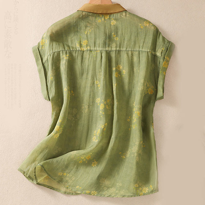 Buddha Stones Kleine Gelbe Blume Blätter Knöpfe Kurzarm Damen Shirt - image 2
