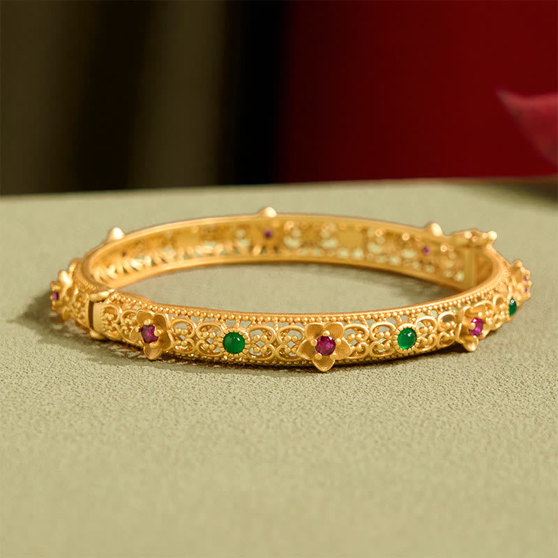Buddha Stones Hohl Design Kupfer vergoldet Blume Glück Armband Armreif