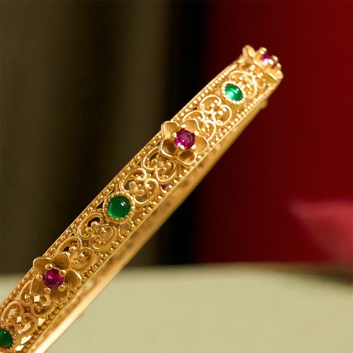 Buddha Stones Hohl Design Kupfer vergoldet Blume Glück Armband Armreif