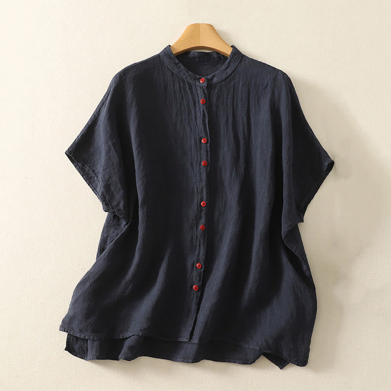 Buddha Stones Sommer-Hemd aus Baumwolle und Leinen mit roten Knöpfen, kurzärmelig, für Damen - Mitternachtsblau - US14， UK/AU18，EU46 (2XL) - image 1
