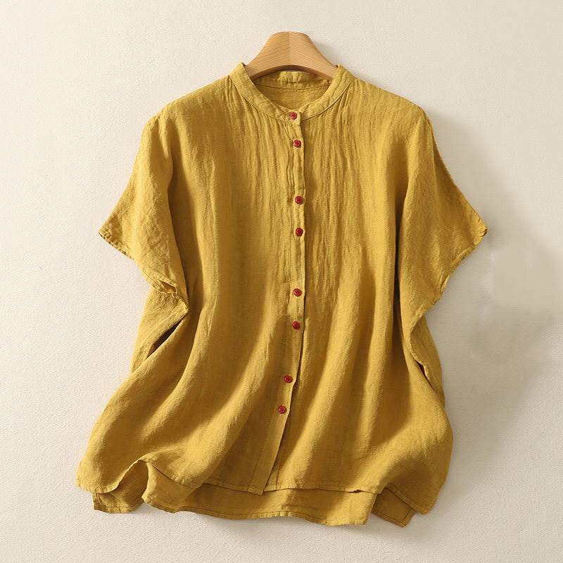 Buddha Stones Sommer-Hemd aus Baumwolle und Leinen mit roten Knöpfen, kurzärmelig, für Damen - Goldrute - US14， UK/AU18，EU46 (2XL) - image 16