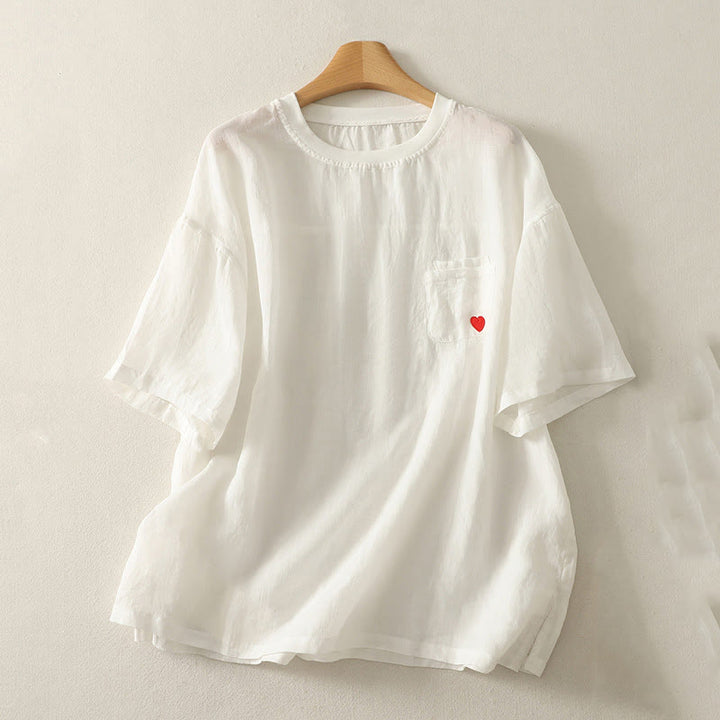 Buddha Stones Lässiges Damen-T-Shirt aus Baumwolle und Leinen mit roter Herzstickerei und kurzen Ärmeln - Weiß - US14, UK/AU18, EU46 (2XL) - image 3