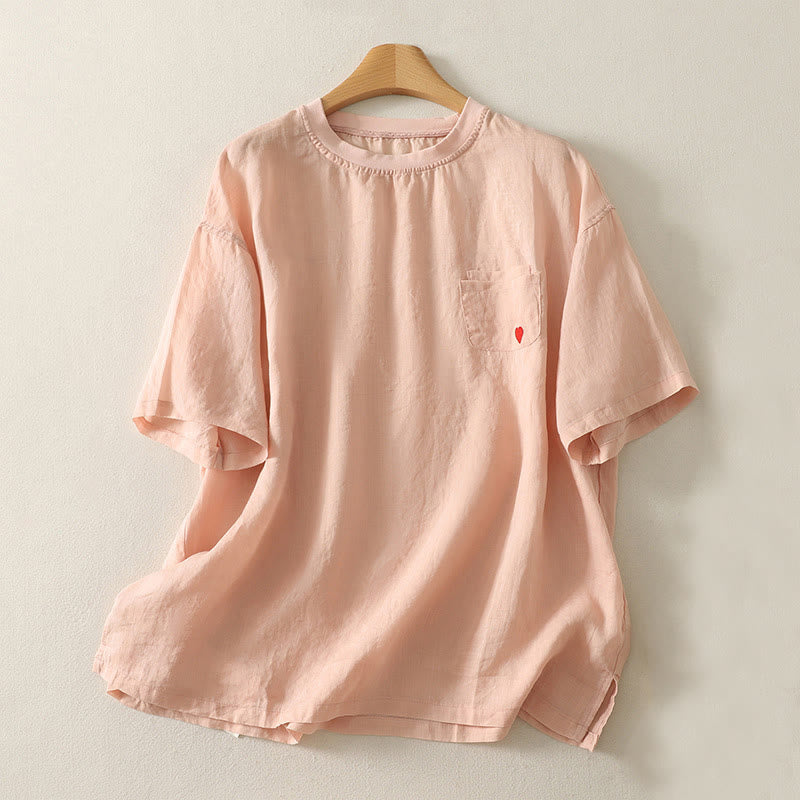 Buddha Stones Lässiges Damen-T-Shirt aus Baumwolle und Leinen mit roter Herzstickerei und kurzen Ärmeln - Leichter Lachs - US14， UK/AU18，EU46 (2XL) - image 1