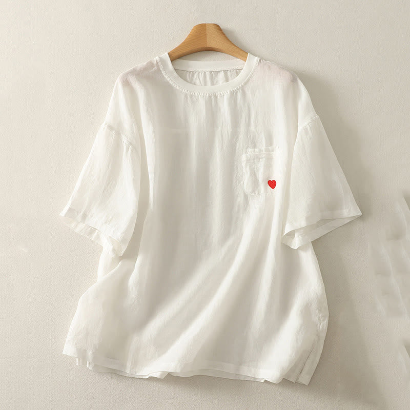 Buddha Stones Lässiges Damen-T-Shirt aus Baumwolle und Leinen mit roter Herzstickerei und kurzen Ärmeln - Weiß - US14， UK/AU18，EU46 (2XL) - image 4