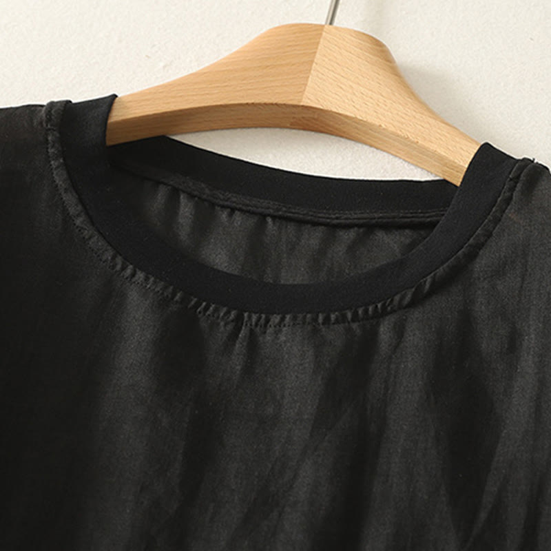 Buddha Stones Lässiges Damen-T-Shirt aus Baumwolle und Leinen mit roter Herzstickerei und kurzen Ärmeln - image 14