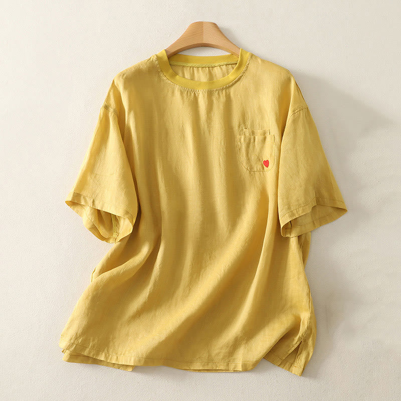 Buddha Stones Lässiges Damen-T-Shirt aus Baumwolle und Leinen mit roter Herzstickerei und kurzen Ärmeln - Gold - US14, UK/AU18, EU46 (2XL) - image 9