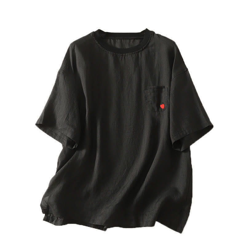 Buddha Stones Lässiges Damen-T-Shirt aus Baumwolle und Leinen mit roter Herzstickerei und kurzen Ärmeln - image 19