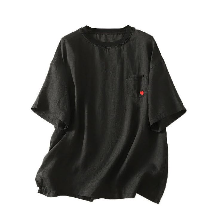 Buddha Stones Lässiges Damen-T-Shirt aus Baumwolle und Leinen mit roter Herzstickerei und kurzen Ärmeln - image 19