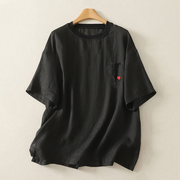 Buddha Stones Lässiges Damen-T-Shirt aus Baumwolle und Leinen mit roter Herzstickerei und kurzen Ärmeln - Schwarz - US14， UK/AU18，EU46 (2XL) - image 14