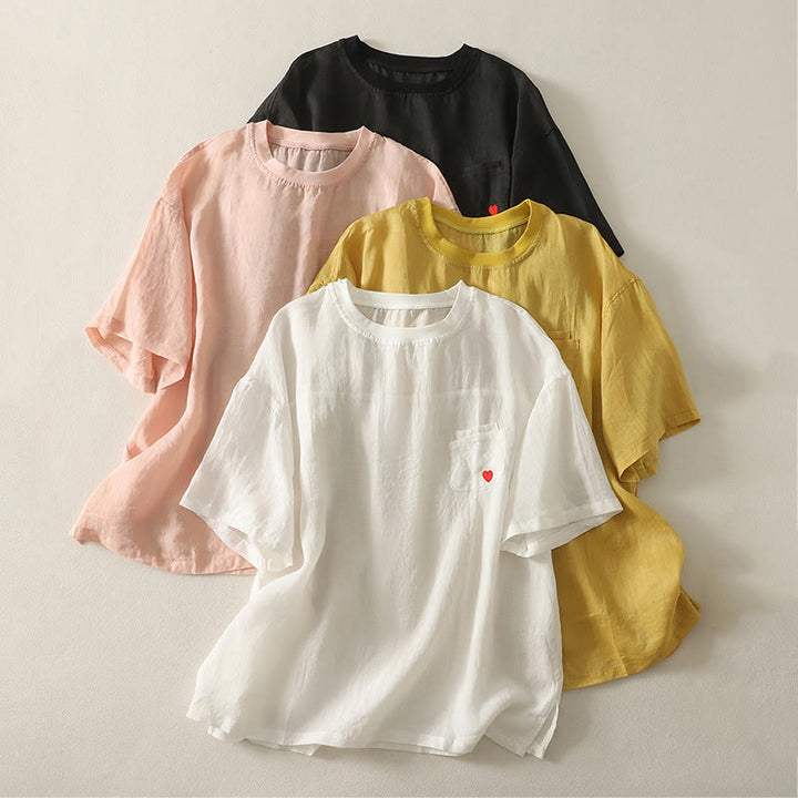 Buddha Stones Lässiges Damen-T-Shirt aus Baumwolle und Leinen mit roter Herzstickerei und kurzen Ärmeln - image 19