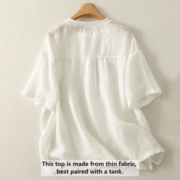 Buddha Stones Lässiges Damen-T-Shirt aus Baumwolle und Leinen mit roter Herzstickerei und kurzen Ärmeln - image 5