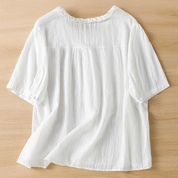 Buddha Stones Jacquard Plissee Rüschenbesatz Design V-Ausschnitt Kurzarm Damen Shirt - image 15