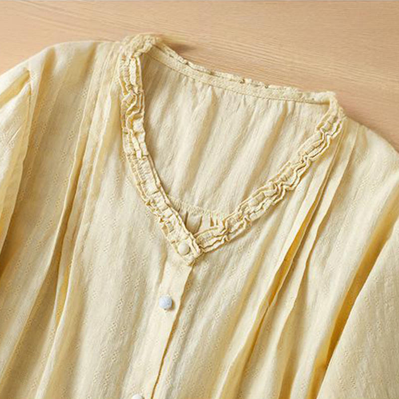 Buddha Stones Jacquard Plissee Rüschenbesatz Design V-Ausschnitt Kurzarm Damen Shirt - image 11