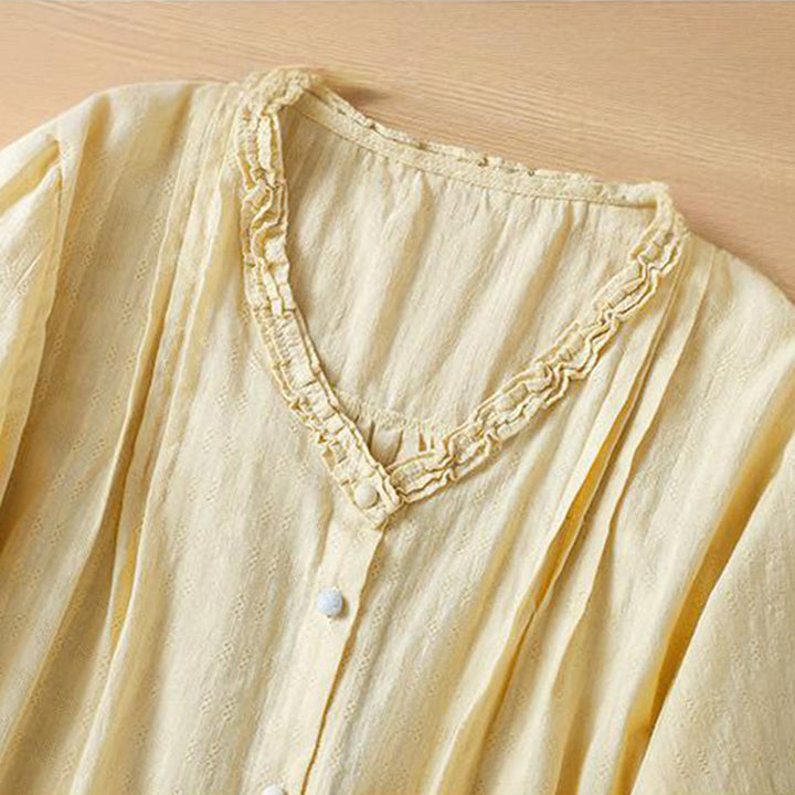 Buddha Stones Jacquard Plissee Rüschenbesatz Design V-Ausschnitt Kurzarm Damen Shirt - image 11