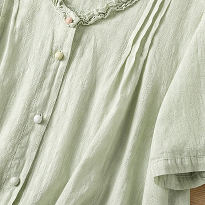 Buddha Stones Jacquard Plissee Rüschenbesatz Design V-Ausschnitt Kurzarm Damen Shirt - image 4