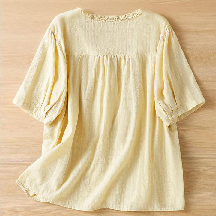 Buddha Stones Jacquard Plissee Rüschenbesatz Design V-Ausschnitt Kurzarm Damen Shirt - image 10