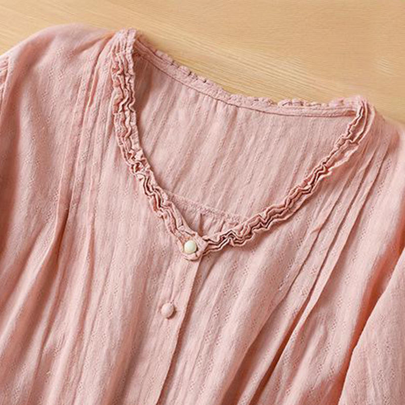 Buddha Stones Jacquard Plissee Rüschenbesatz Design V-Ausschnitt Kurzarm Damen Shirt - image 21
